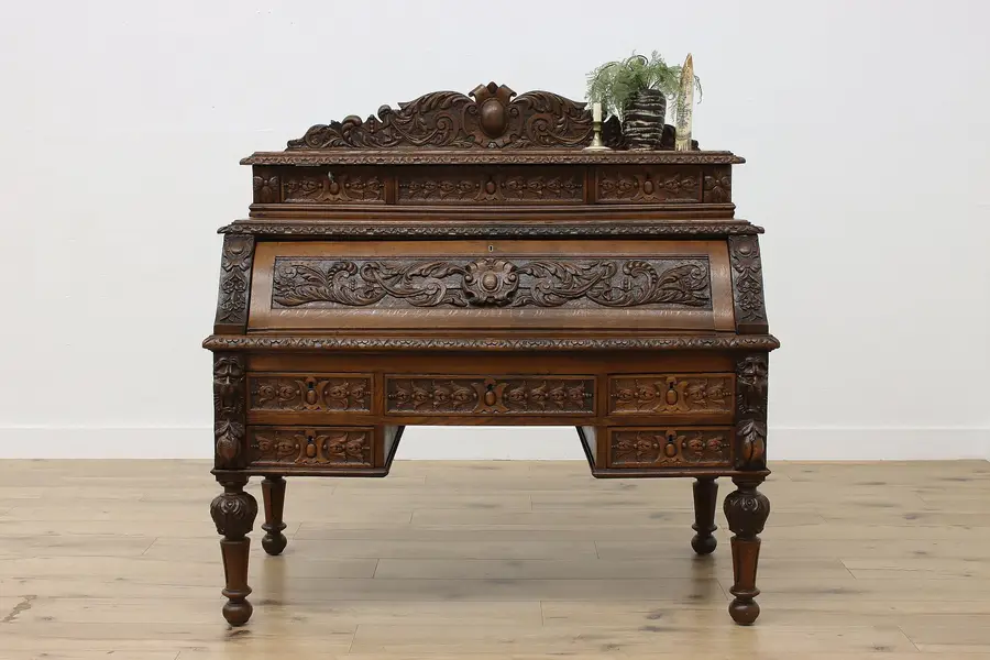 Photo of Black Forest Antique Carved Oak Lion Secretary Desk, 1890s