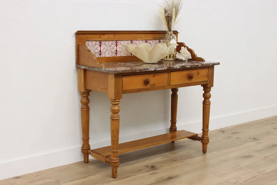 Photo of Farmhouse Antique Marble Top & Pine Washstand Hall Console