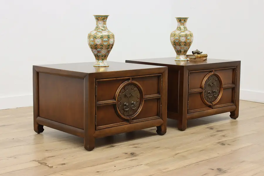 Photo of Pair Asian Design Vintage Cherry & Brass End Tables Lammerts