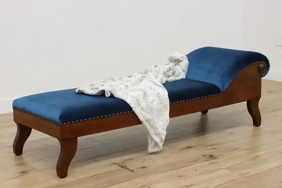 Photo of Victorian Antique Carved Ash & Sapphire Fabric Chaise Lounge