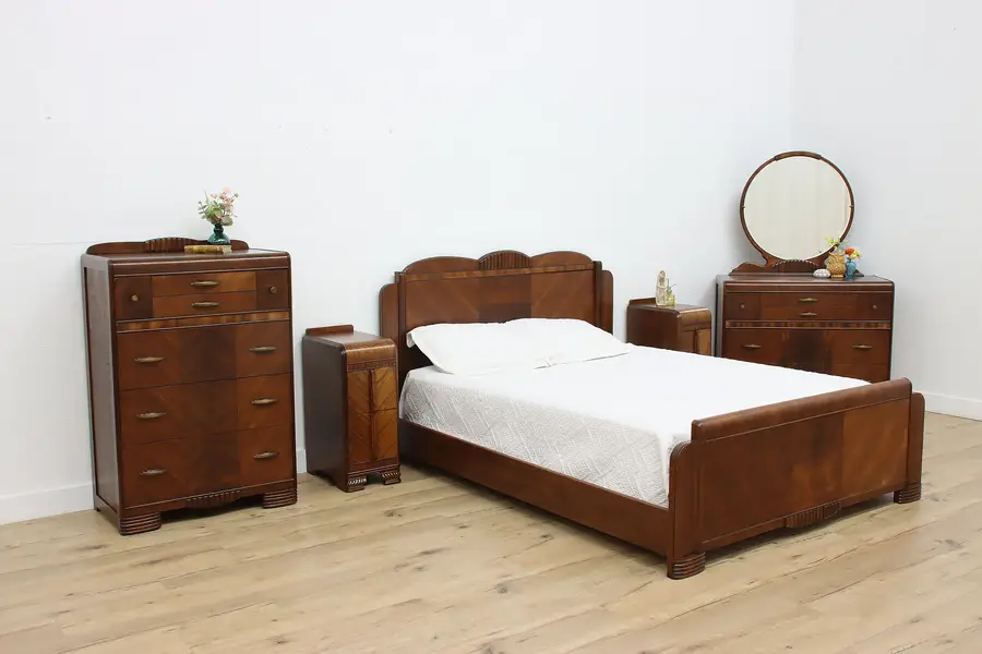 Photo of Art Deco Vintage Waterfall Walnut 5 pc Bedroom Set Queen Bed
