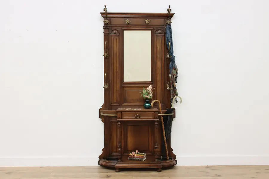 Photo of French Antique Carved Walnut Hall Tree Stand Marble & Mirror