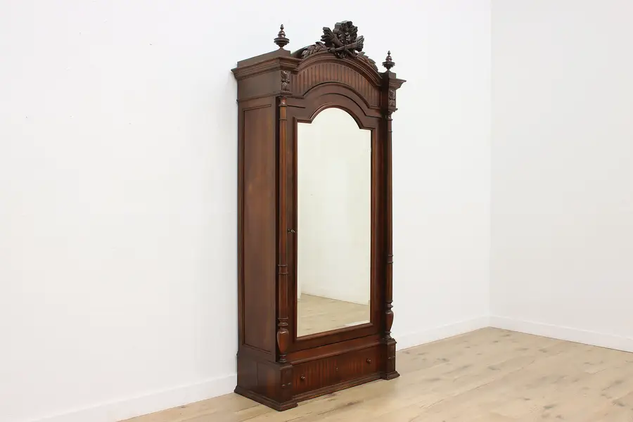 Photo of French Antique Carved Walnut Armoire Wardrobe, Mirror