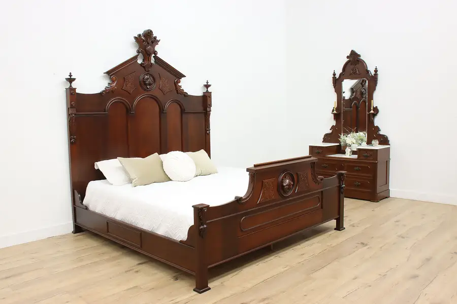 Photo of Victorian Antique Walnut Bedroom Set King Size Marble Dresser