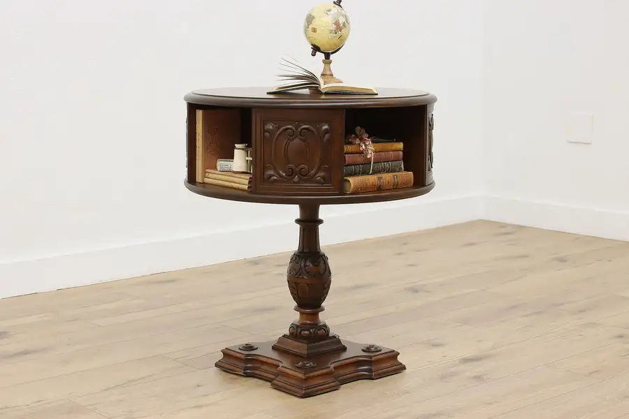 Photo of English Vintage Carved Walnut Swivel Side End Table Cubbies