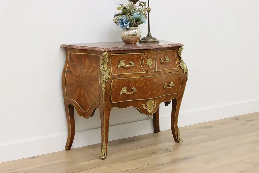 Photo of French Bombe Antique Rosewood & Marble Top Chest or Console