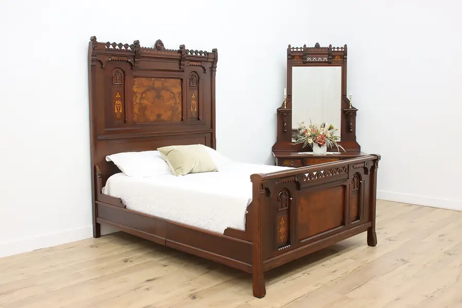 Photo of Victorian Eastlake Antique Walnut Queen Bed & Dresser Set
