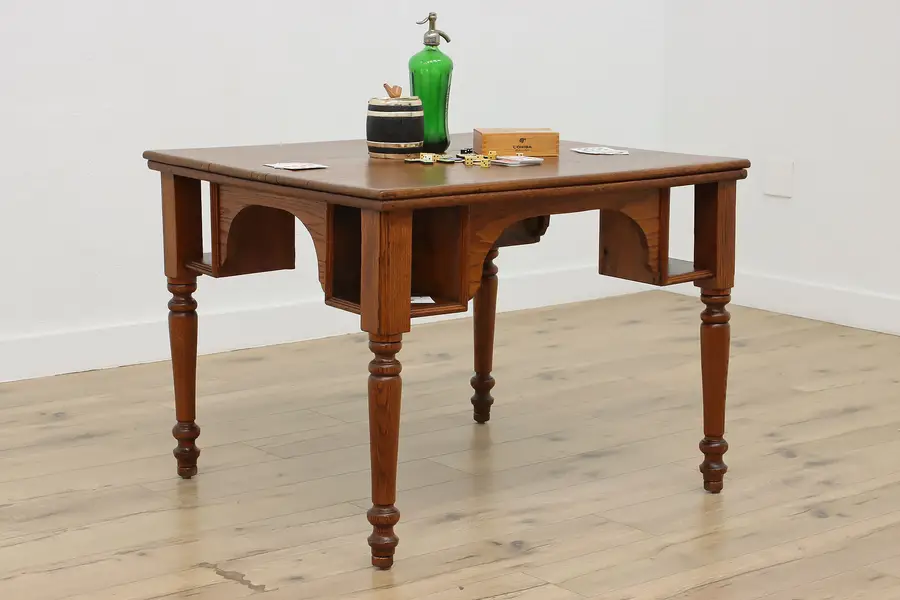Photo of Victorian Pub Tavern Antique Oak Game Table w/ Mug Holders