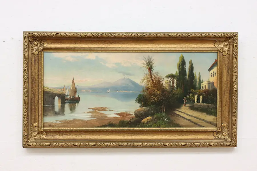 Photo of Mediterranean Sea View Antique Original Painting Salemme 44"