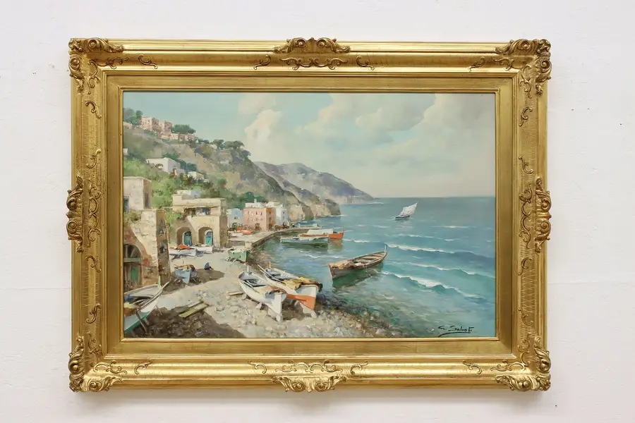 Photo of Sunny Harbor Vintage Original Oil Painting Salvati 45.5"