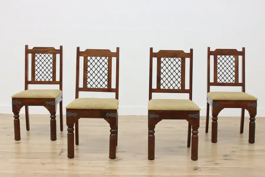 Photo of Set 4 Spanish Colonial Vintage Teak & Leather Dining Chairs
