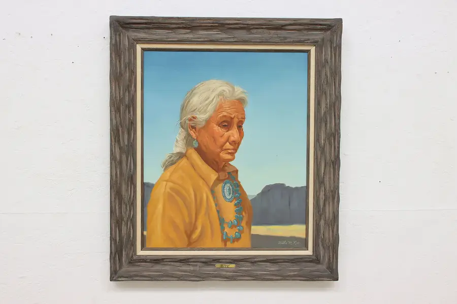 Photo of Dine Woman Portrait Vintage Original Oil Painting Rue 31.5"