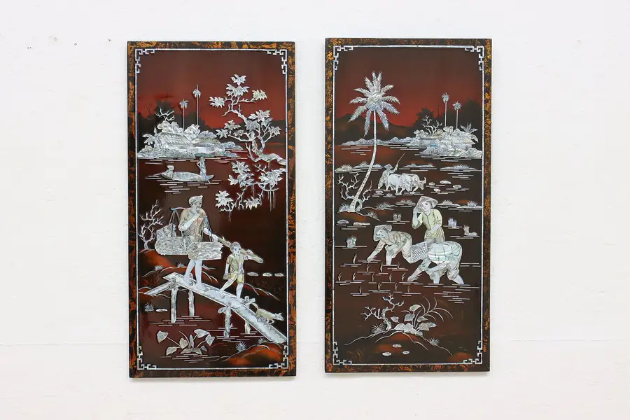 Photo of Pair of Asian Vintage Mother of Pearl Wall Plaques 24"