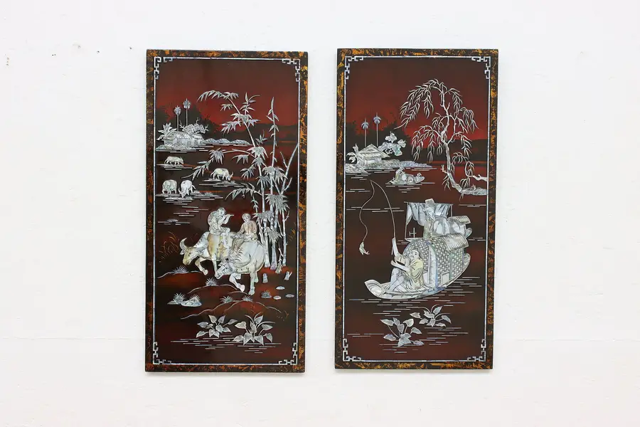 Photo of Pair of Asian Vintage Mother of Pearl Wall Plaques 24"