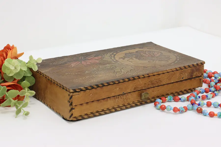 Photo of Folk Art Vintage Pyrography Jewelry & Keepsake Box, Woman