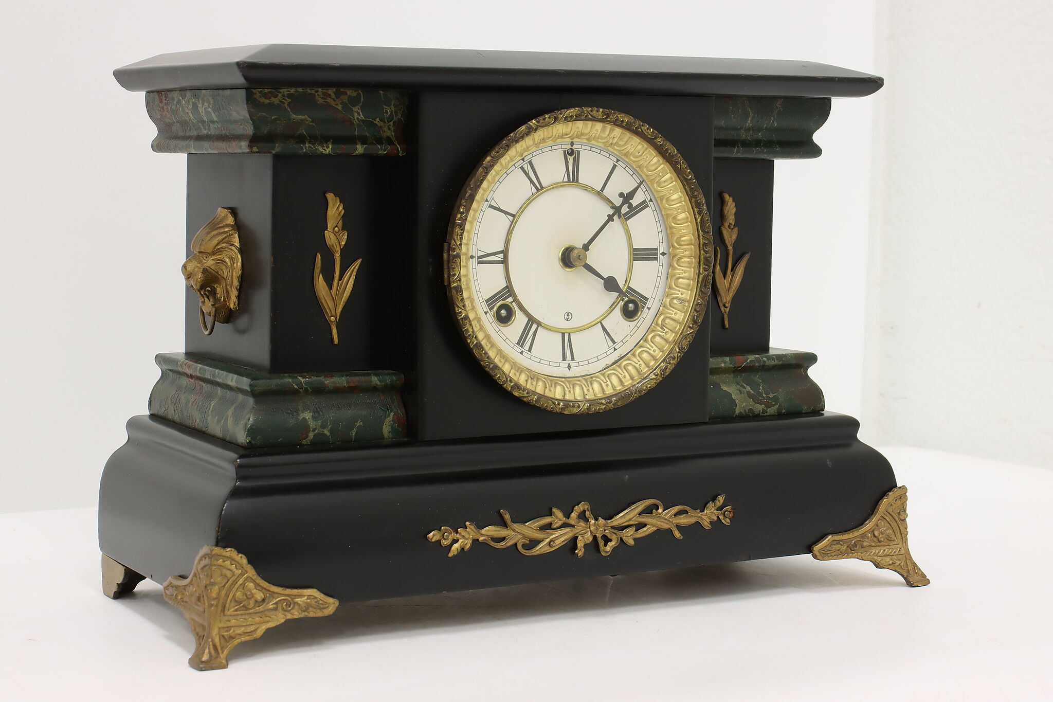 Victorian Antique Mantel Clock, Lion Heads, Waterbury