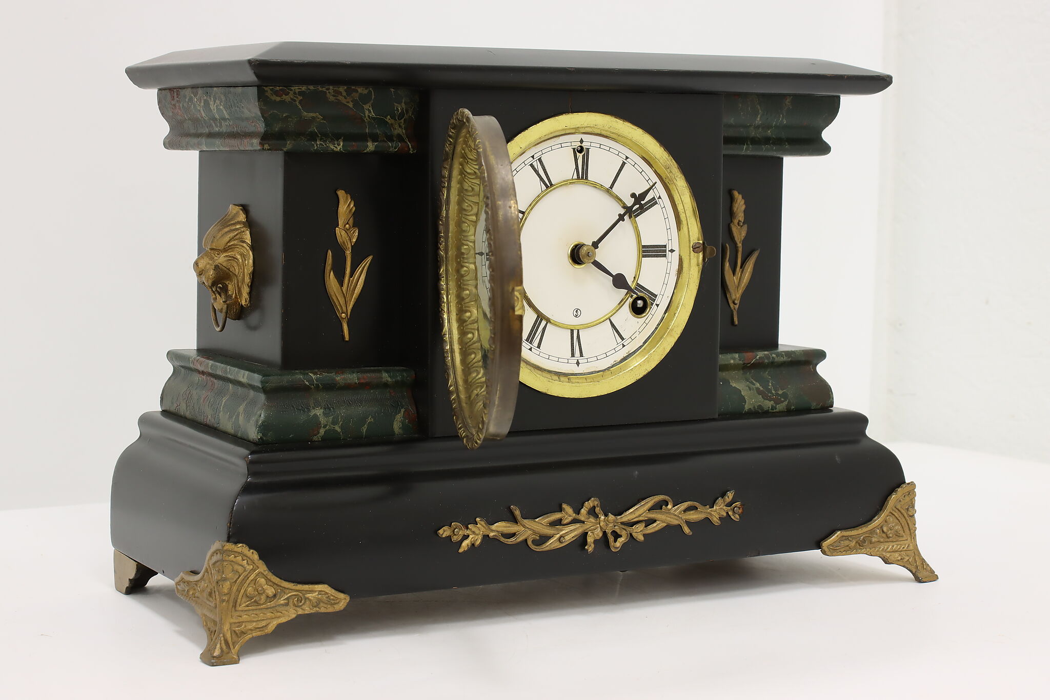 Victorian Antique Mantel Clock, Lion Heads, Waterbury