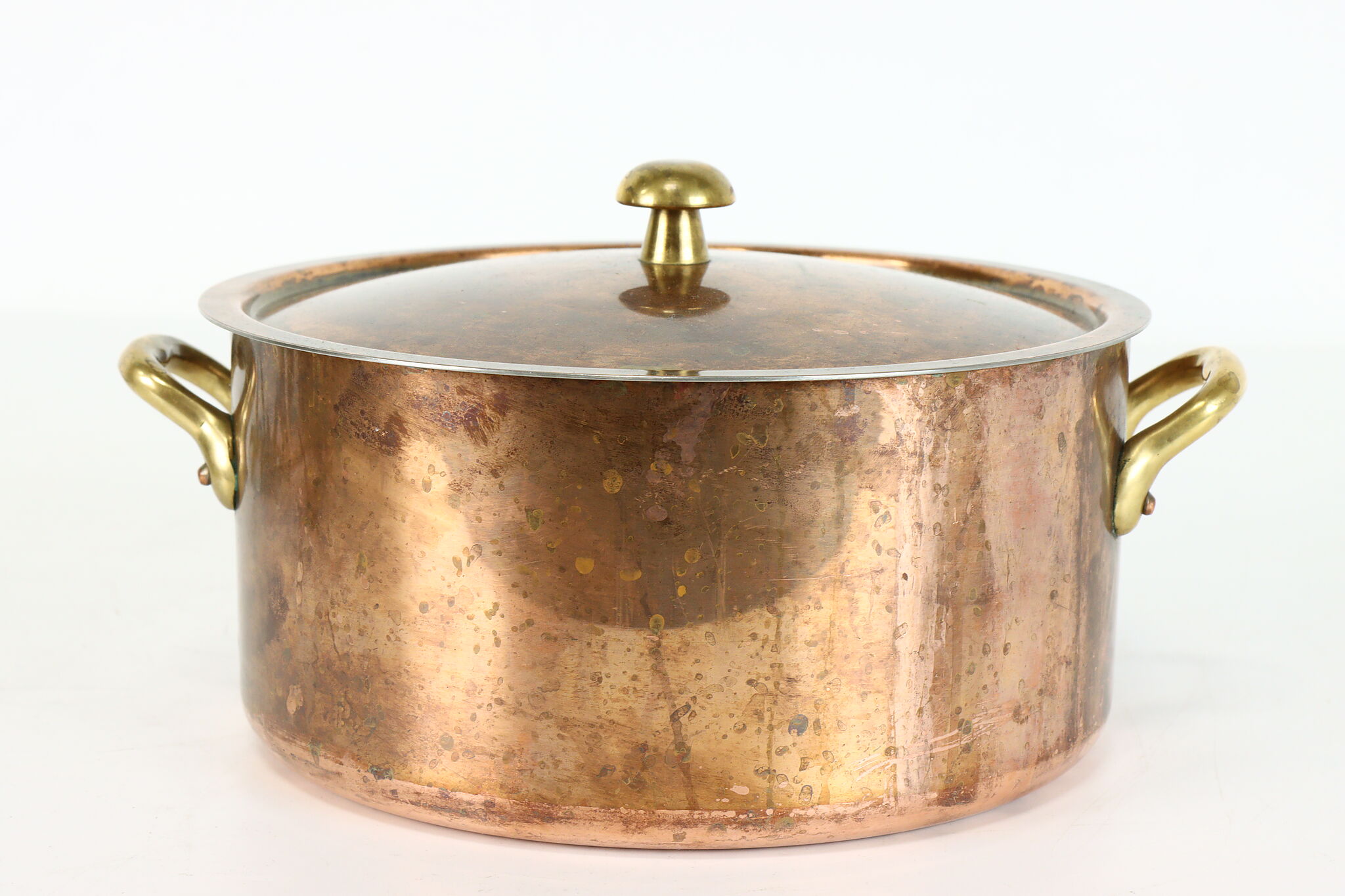 Farmhouse French Vintage Solid Copper Sauce Pan with Lid, Brass Handles  #38099