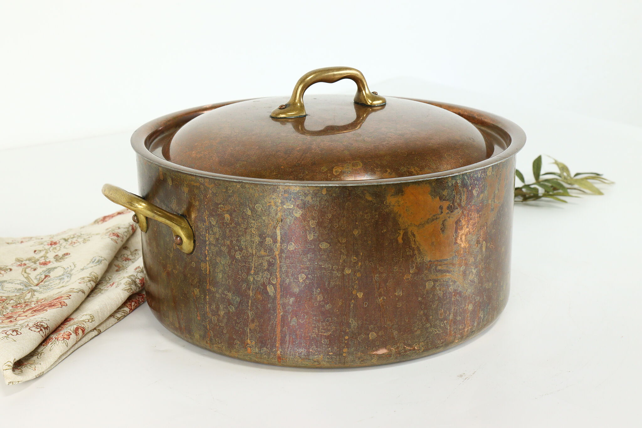 Copper Soup Pot Dutch Oven Brass Handles & Lid Antique WALDOW