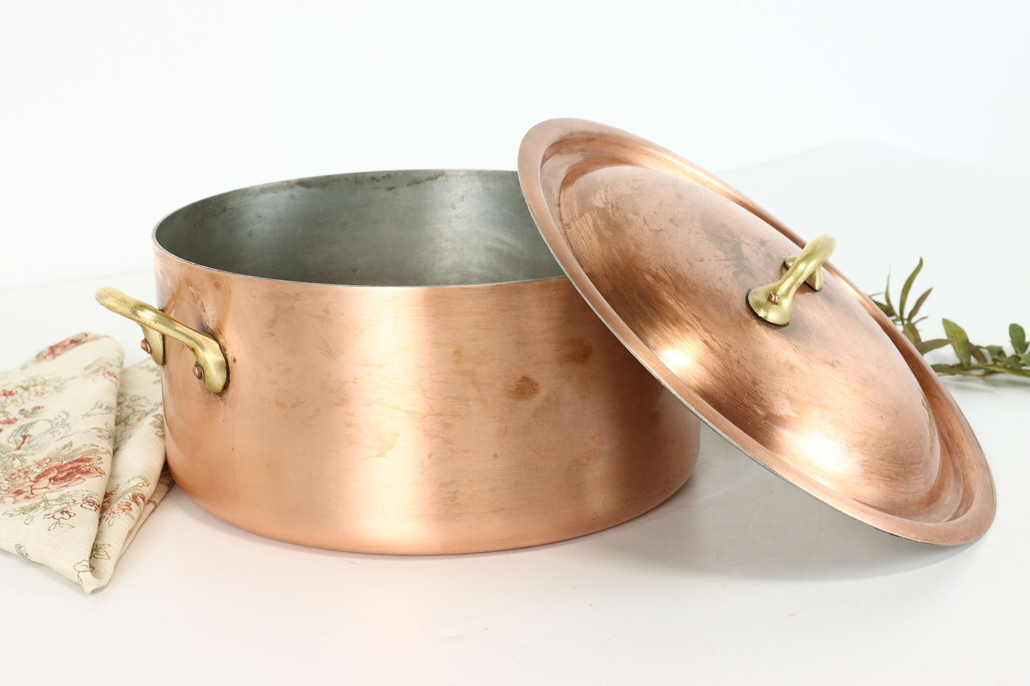 Copper Soup Pot Dutch Oven Brass Handles & Lid Antique WALDOW