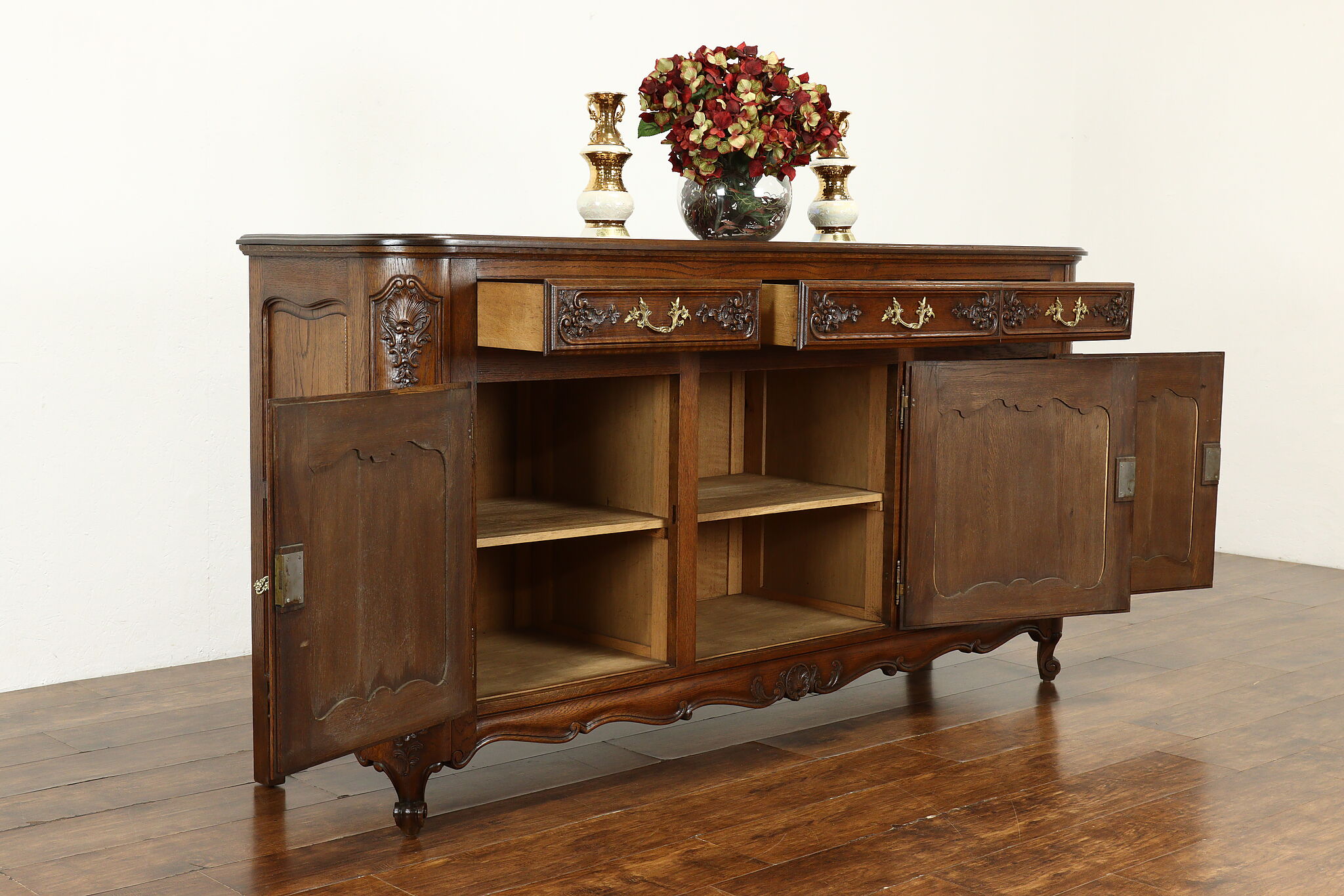 Country French Provincial Antique Oak Sideboard, Server or TV Console