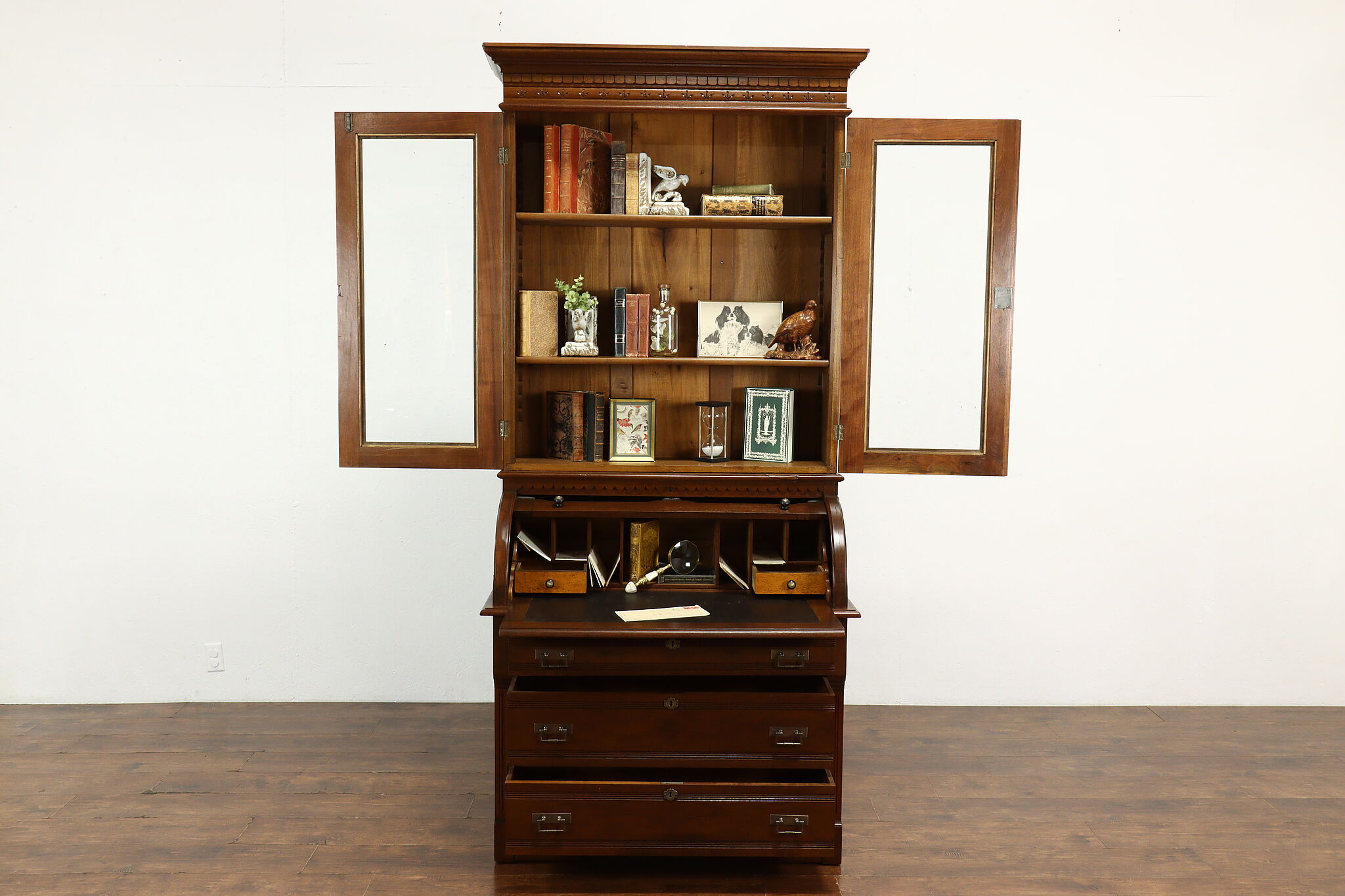 Victorian Eastlake Antique Walnut Cylinder Secretary Desk Bookcase