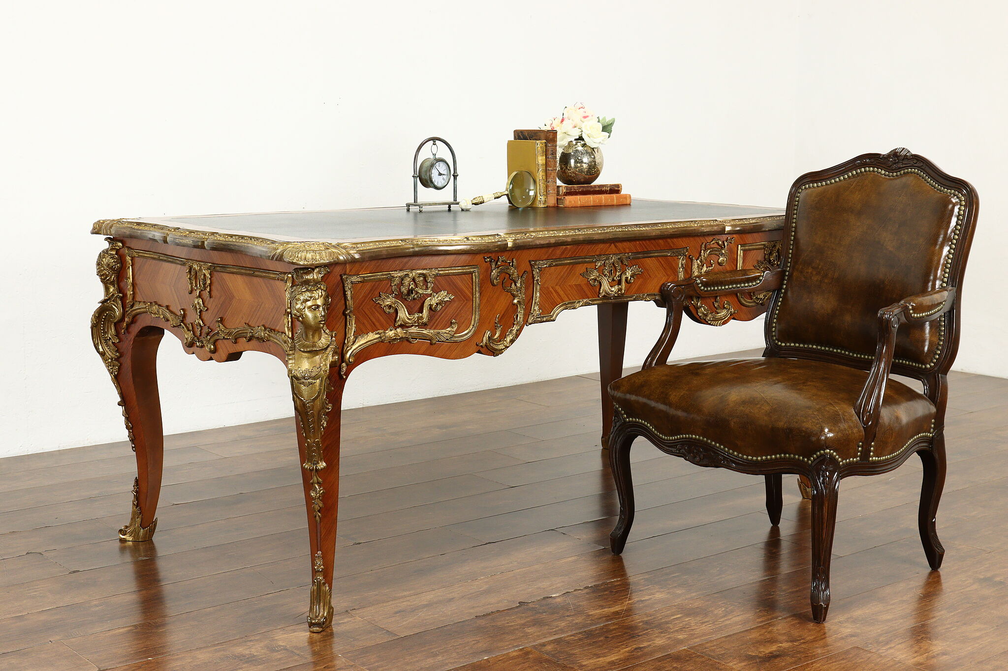 A Pair of Modern French Louis XV Style Bronze and Faux Marquetry Side Tables