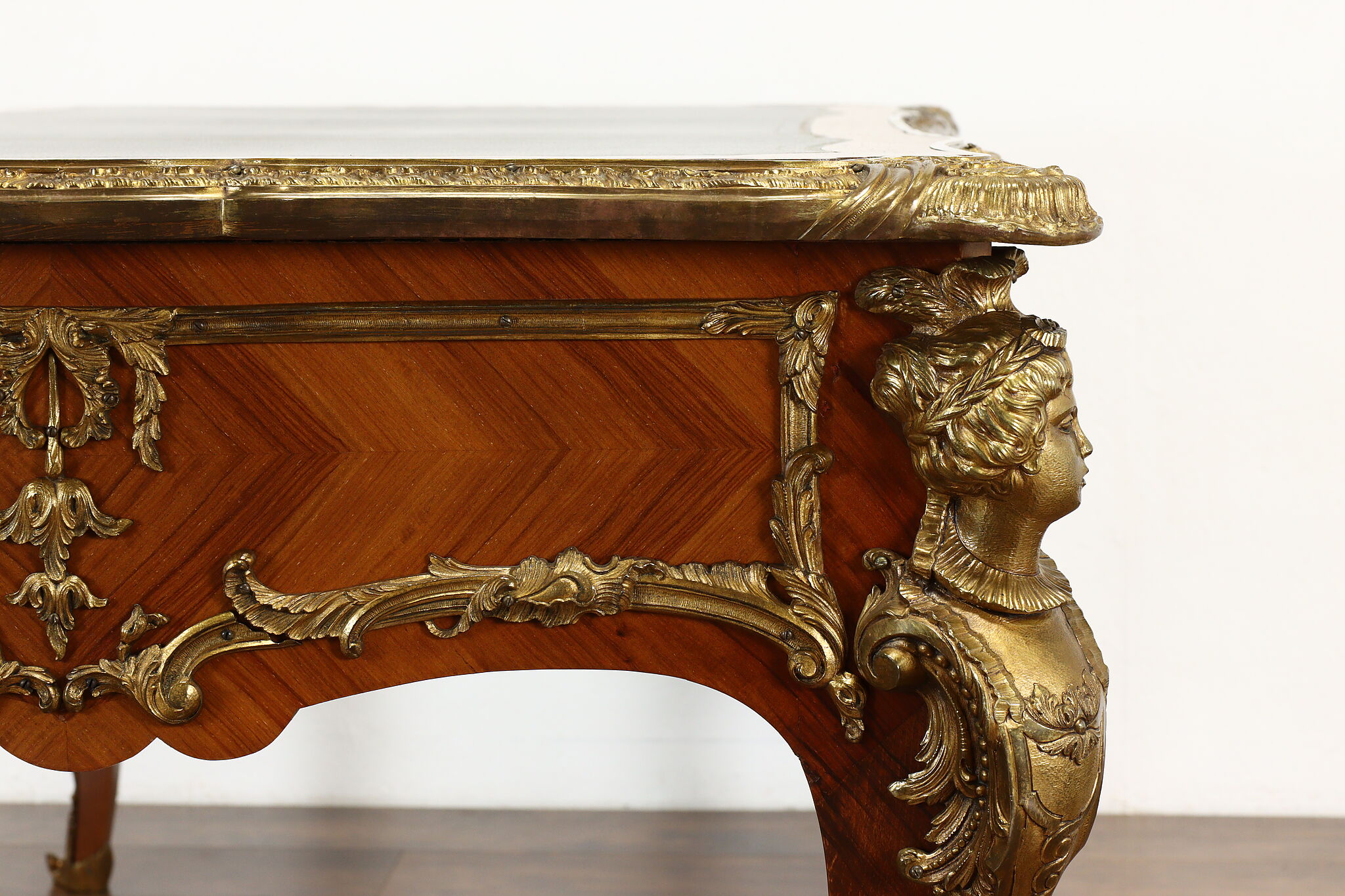 French Louis XV Antique Bureau Plat Library Office Desk, Sculpture