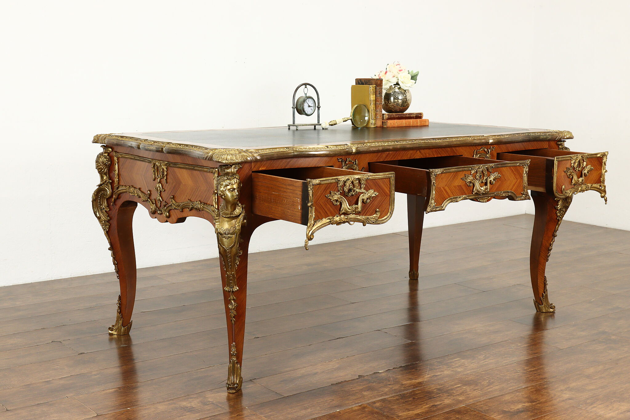 French Louis XV Antique Bureau Plat Library Office Desk, Sculpture