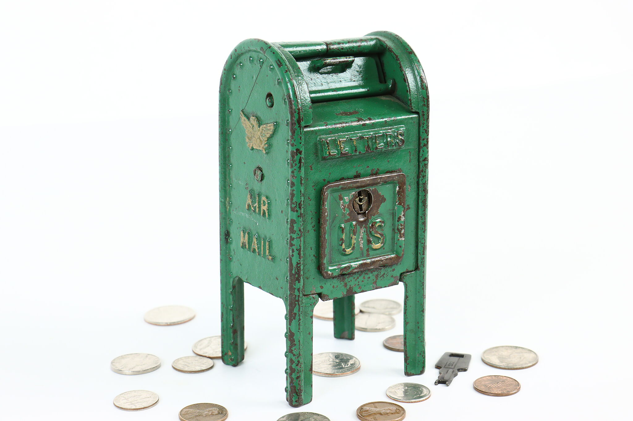 FREE SHIPPING VINTAGE MAILBOX COIN BANK WITH LOCK & KEY NEW IN THE BOX,USA 