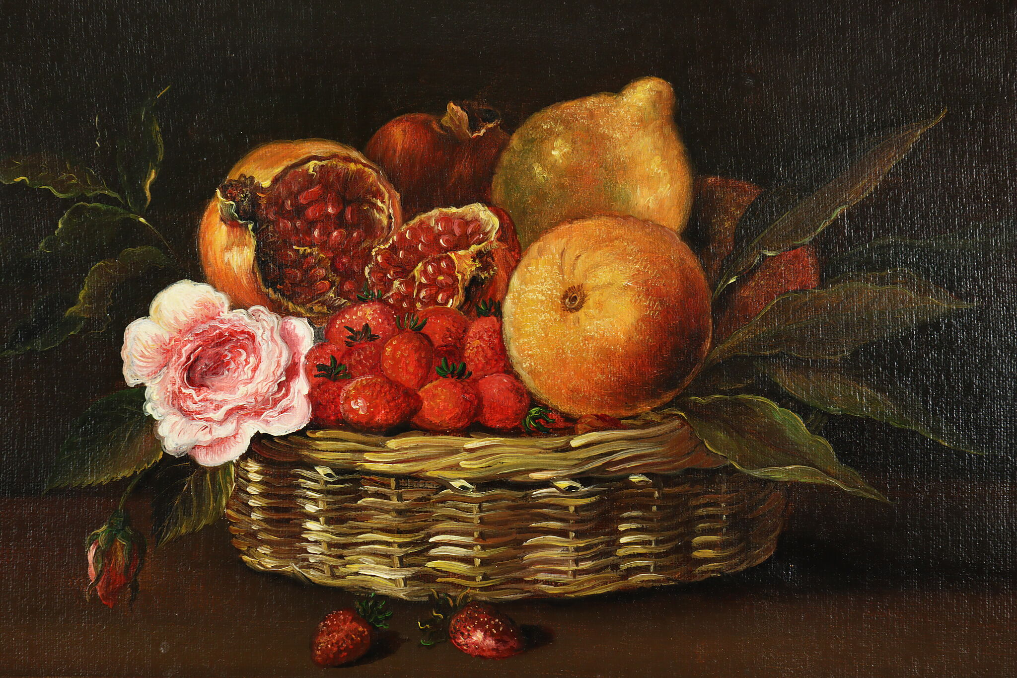 Bas Fru Still Life of Fruit Basket Vintage Original Oil Painting, Leonard 13