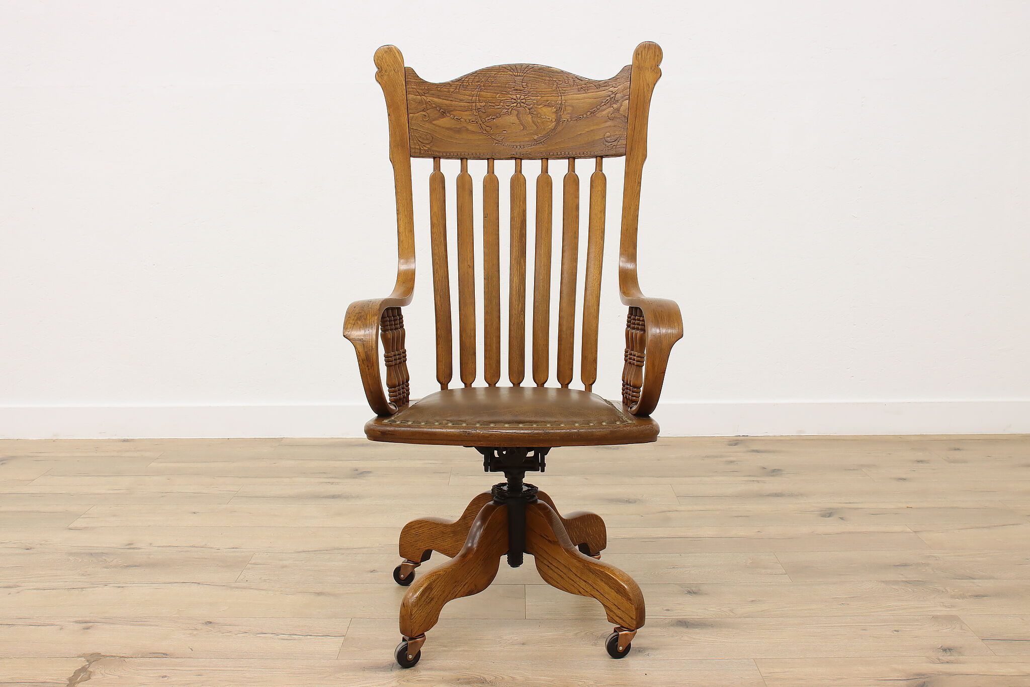 Victorian Antique Oak Leather Swivel Office Desk Chair Meyer