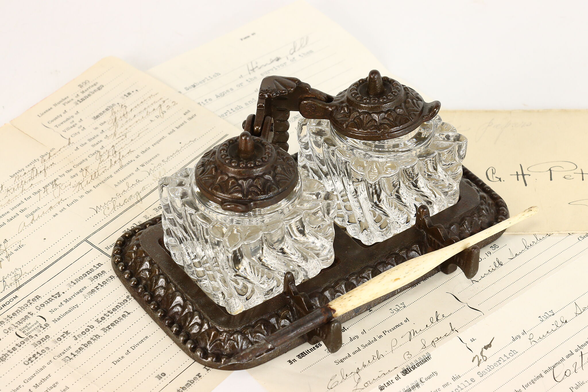Victorian Antique Iron & Glass Double Inkwell with Bone Pen