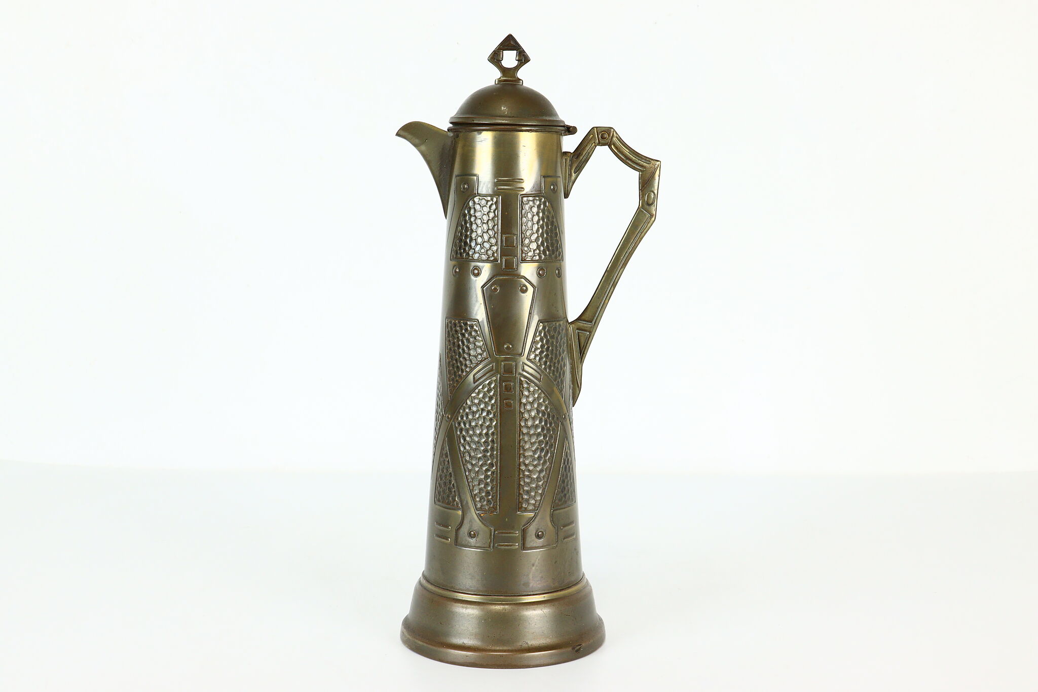 Arts & Crafts Design Antique Embossed Brass Pitcher or Tankard, Cover