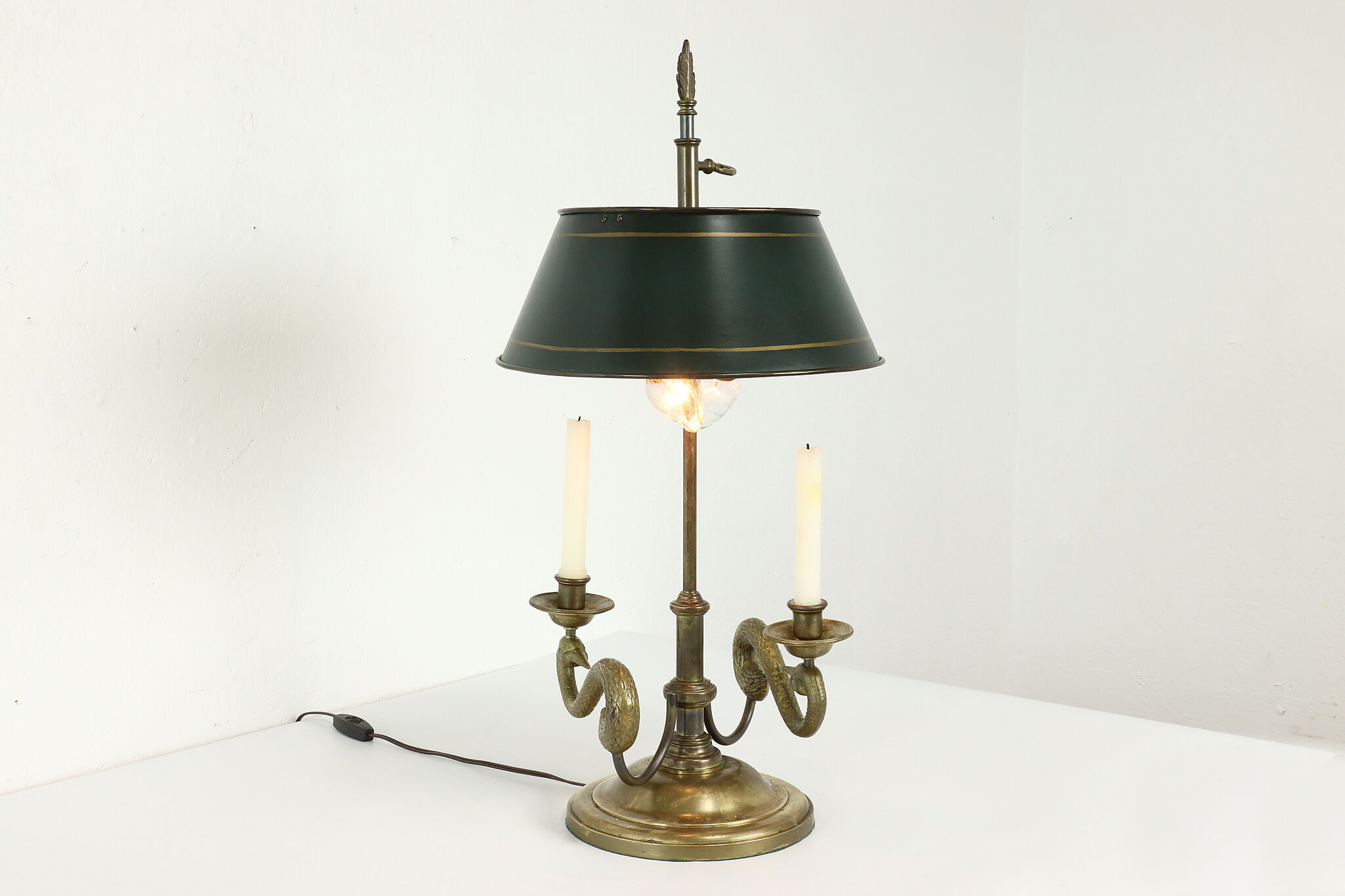 Swan Bouillotte Vintage Solid Brass Lamp, Tole Painted Shade, Chapman