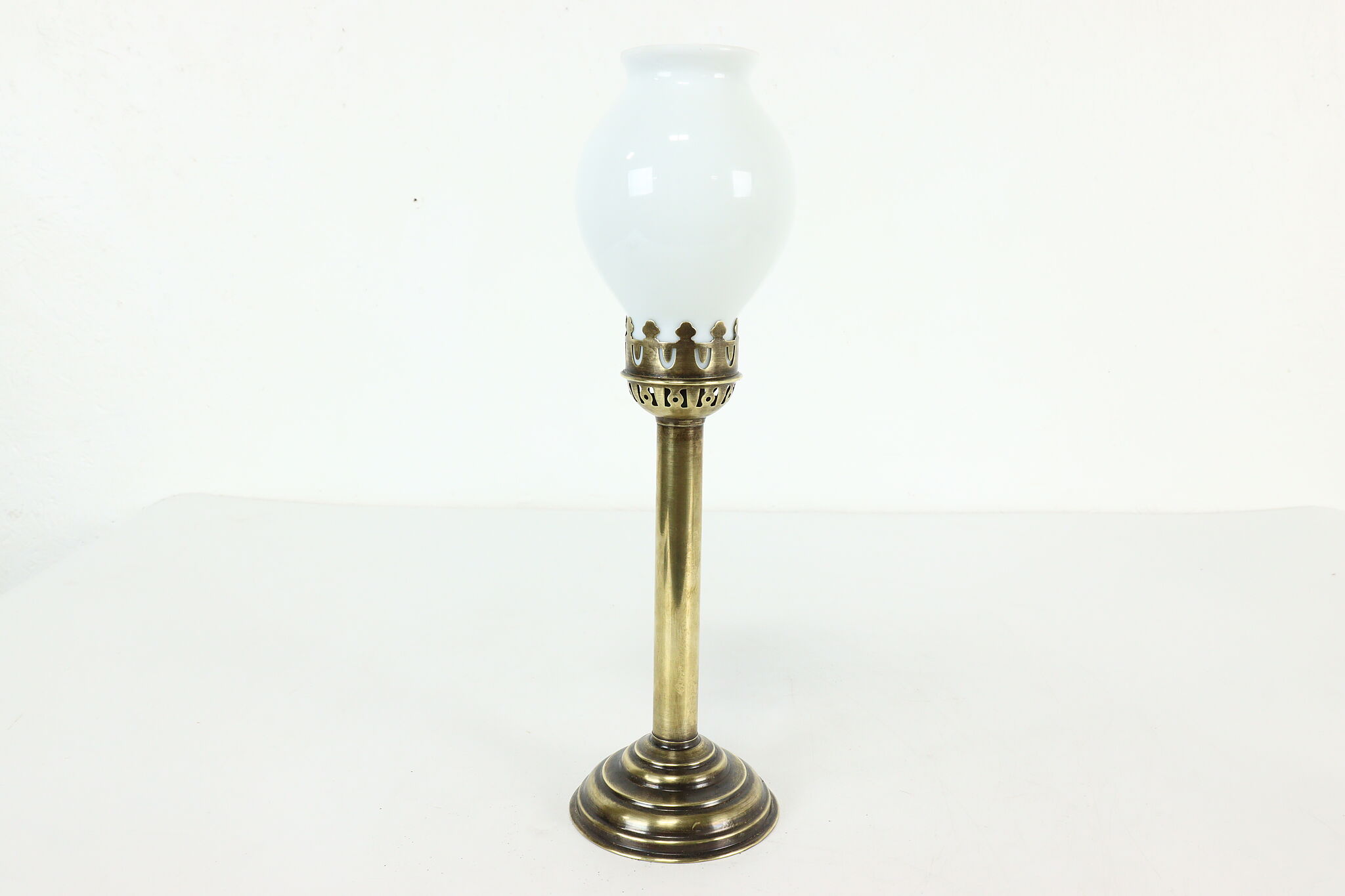 Brass Antique Push Up Candlestick with Milk Glass Shade