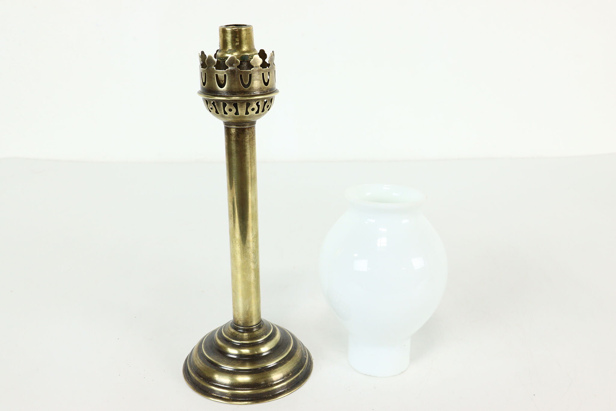 Brass Antique Push Up Candlestick with Milk Glass Shade