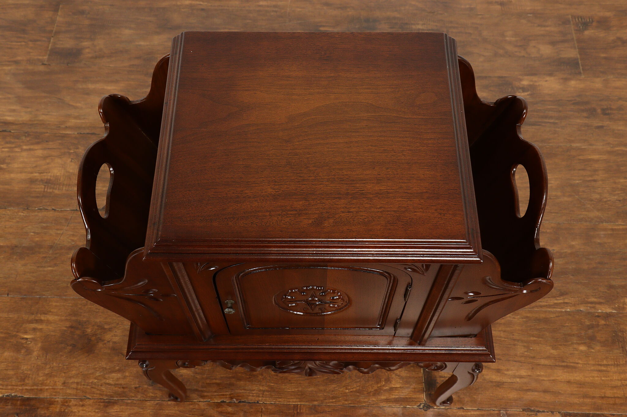 Carved Walnut Antique Chairside Tobacco Humidor & Magazine Rack