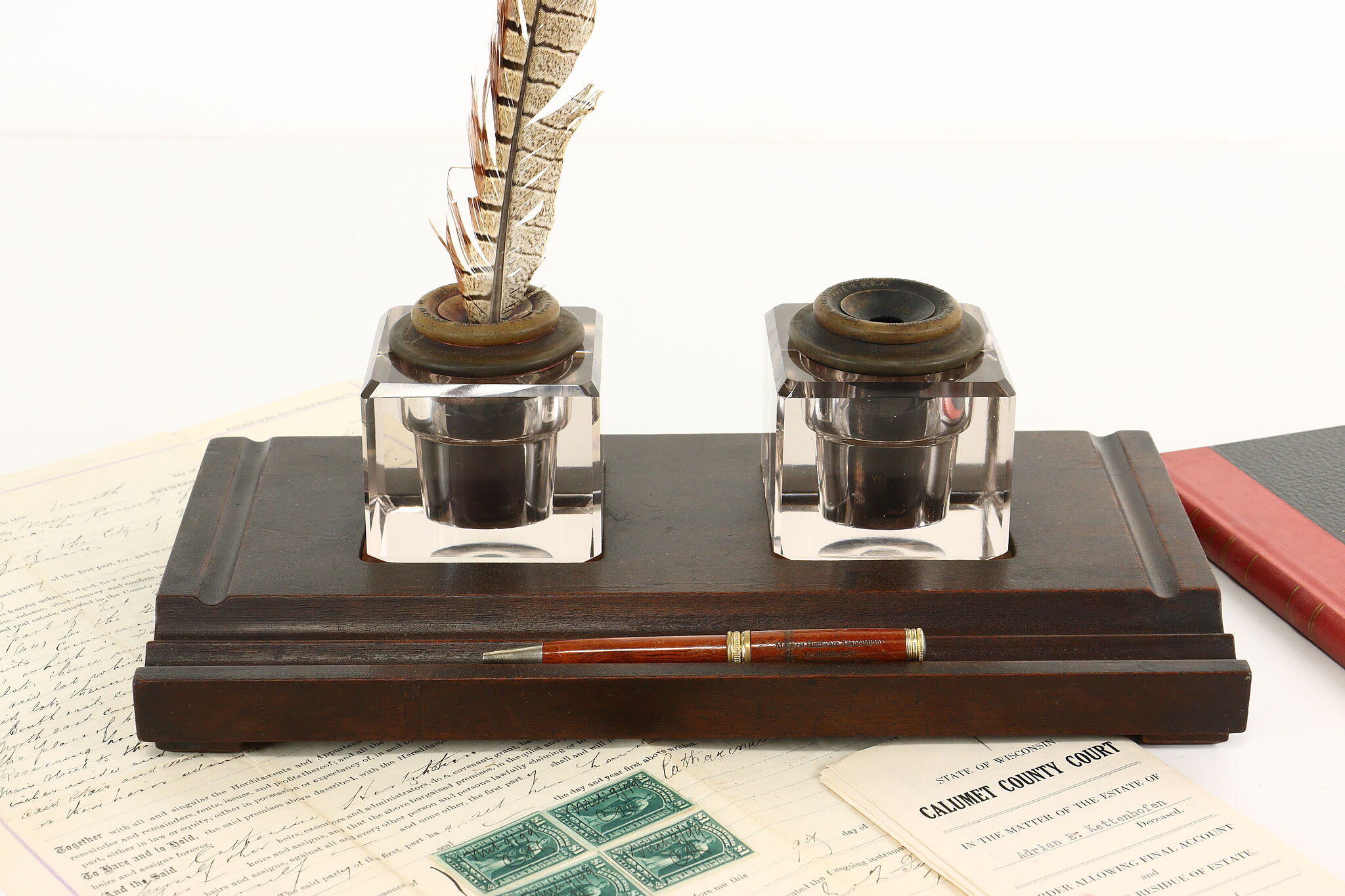 Traditional Antique Double Mahogany & Crystal Inkwell Sengbusch Milwaukee