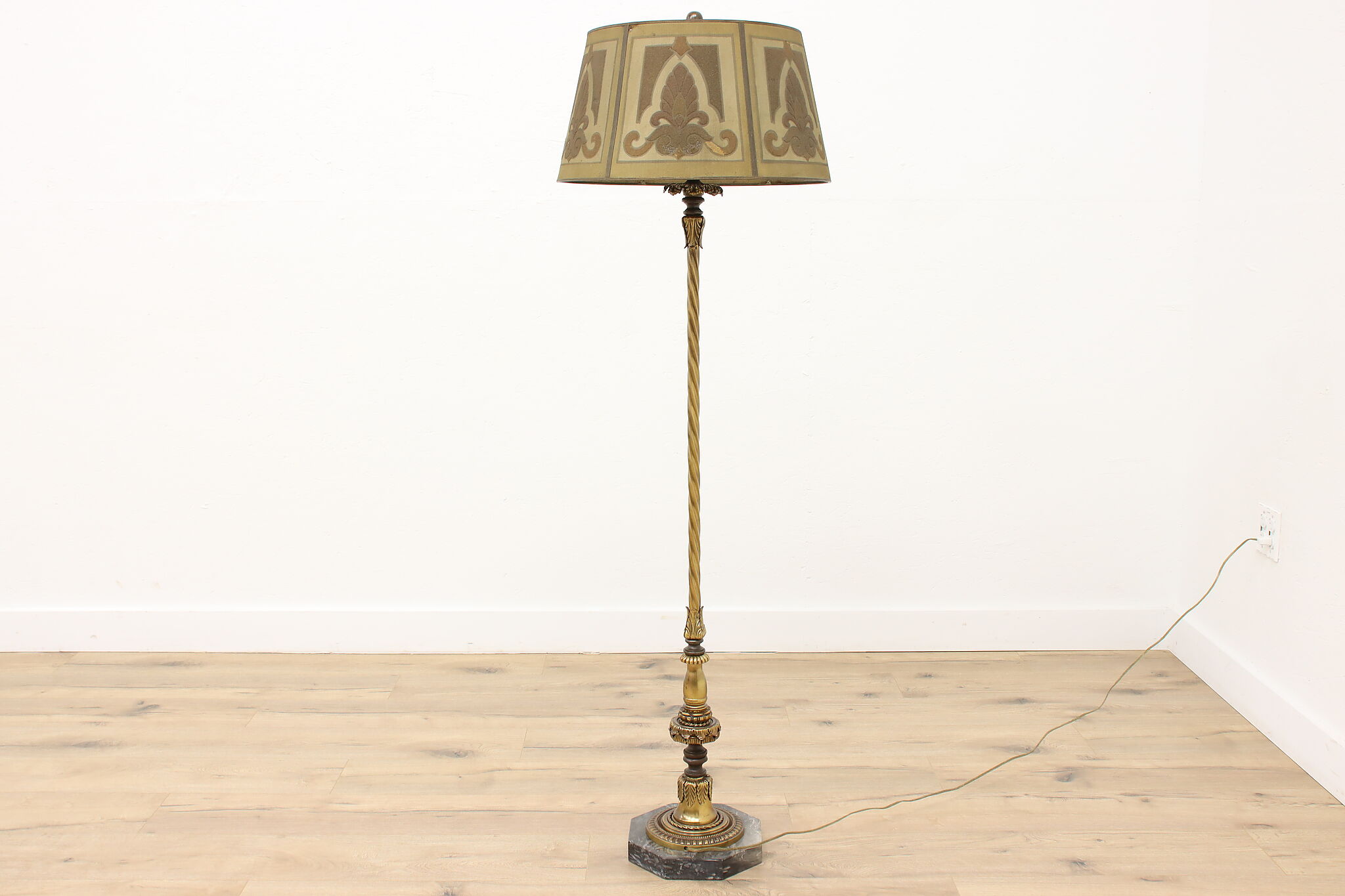 Brass Antique Floor Lamp, Painted Screen Shade, Marble Base