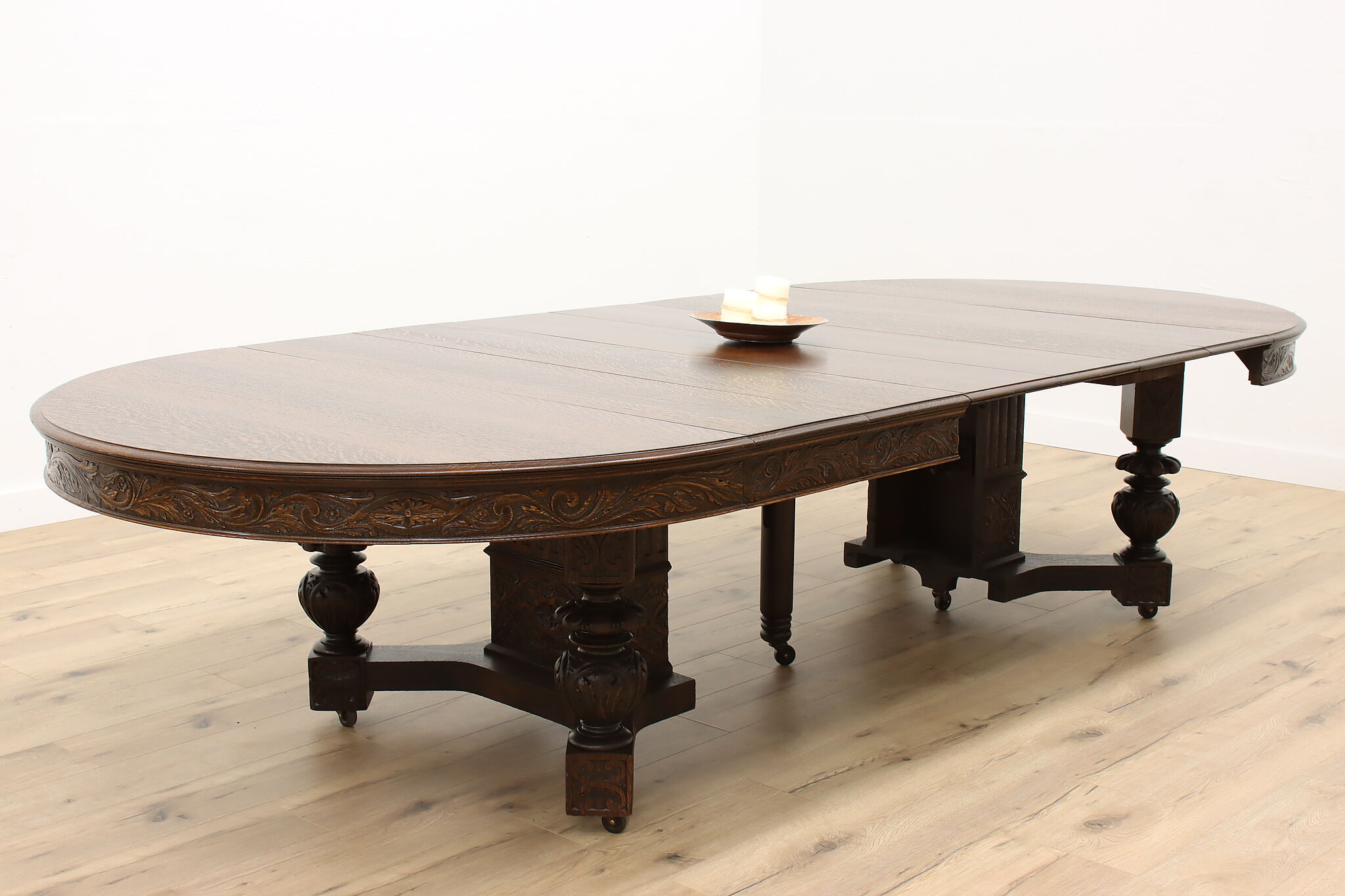Tudor Antique Carved Oak 60" Dining Table, 6 Leaves Extends 11'