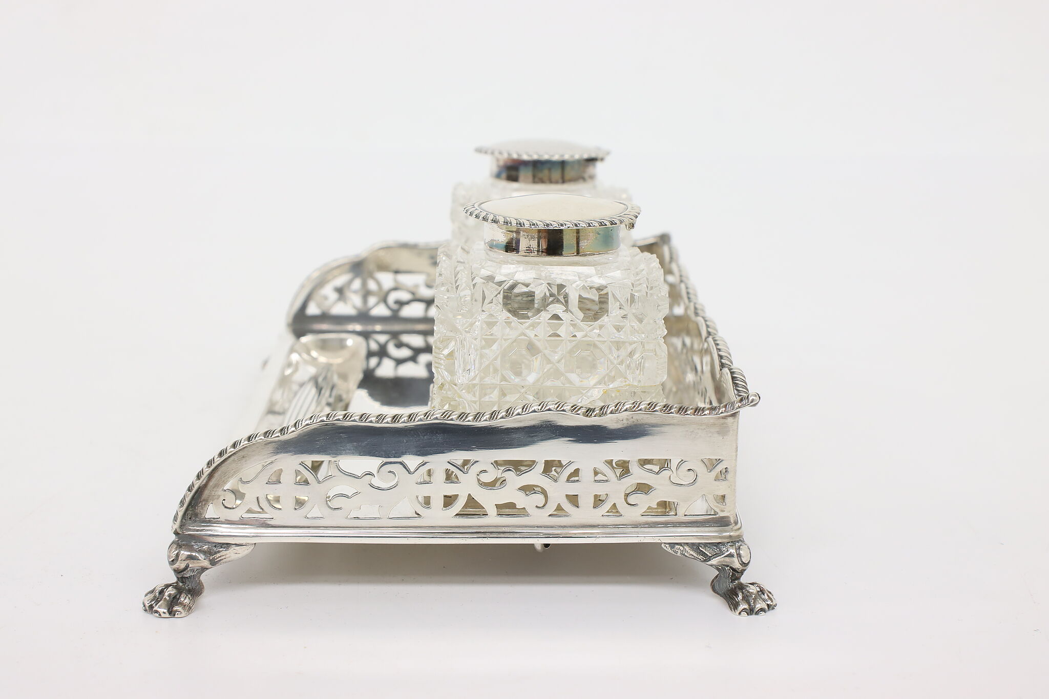 English Antique Victorian Sterling Silver Double Inkwell with Towle Pen