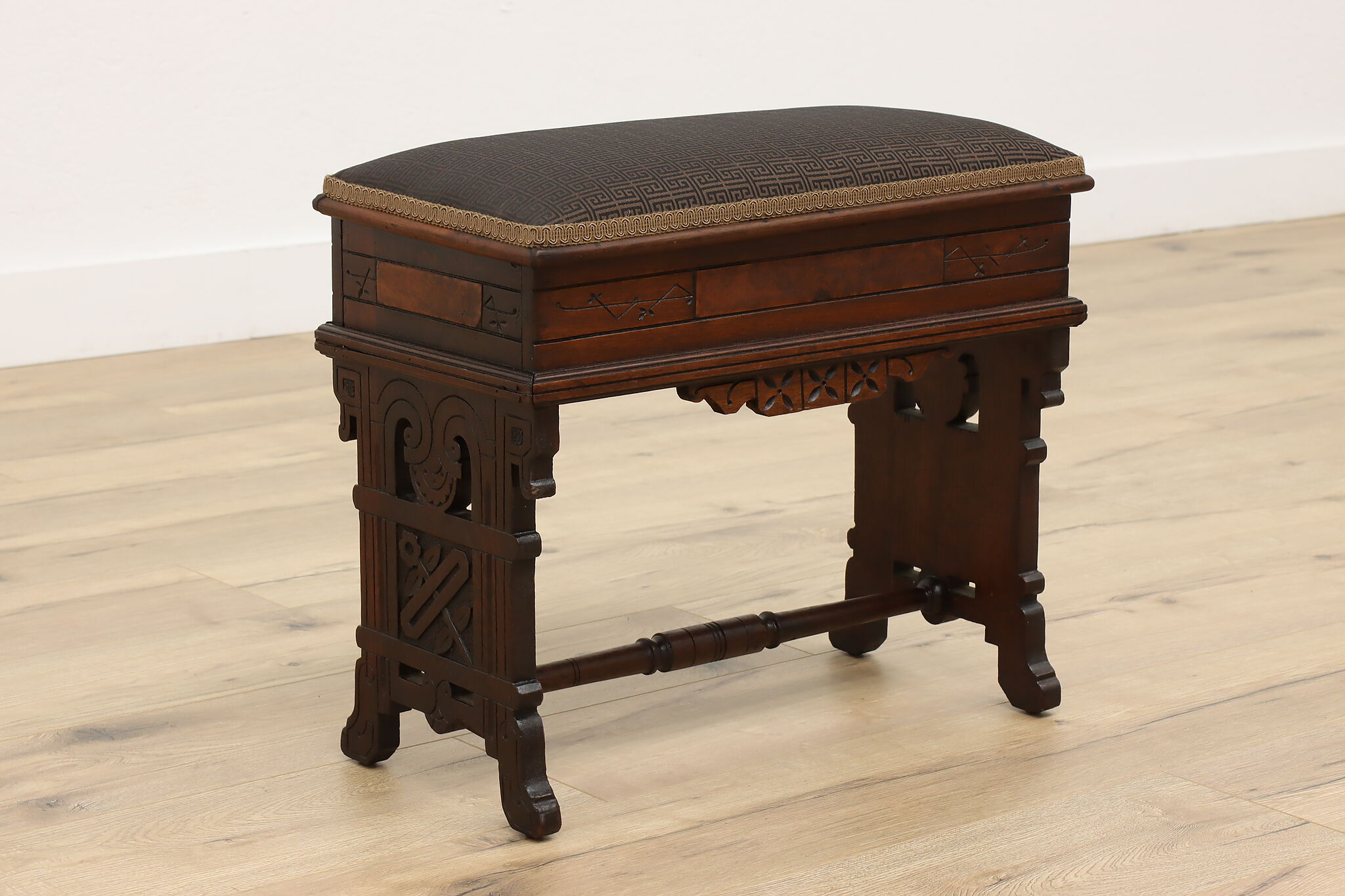 Victorian Eastlake Antique Carved Walnut & Burl Slipper Bench Footstool