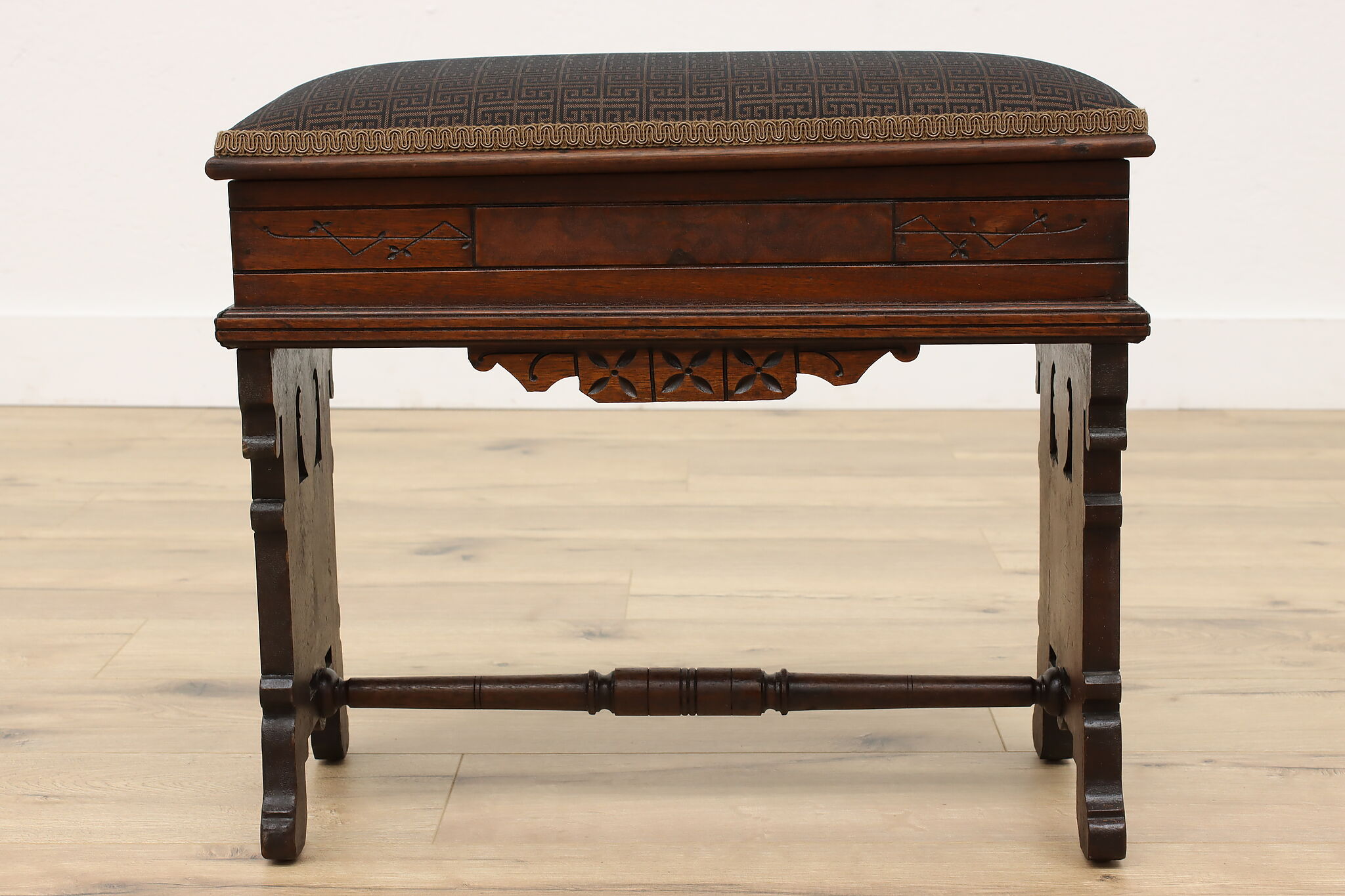 Victorian Eastlake Antique Carved Walnut & Burl Slipper Bench Footstool