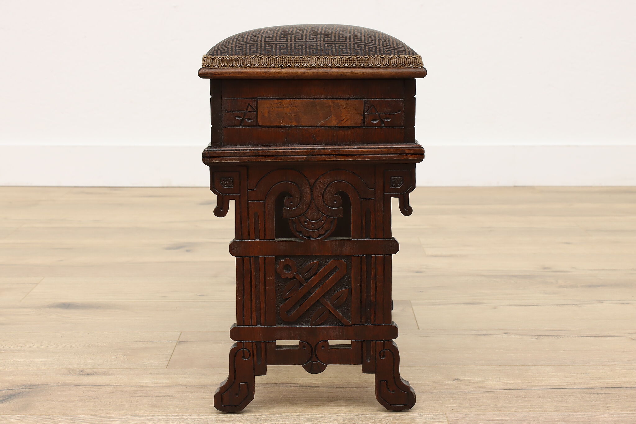 Victorian Eastlake Antique Carved Walnut & Burl Slipper Bench Footstool