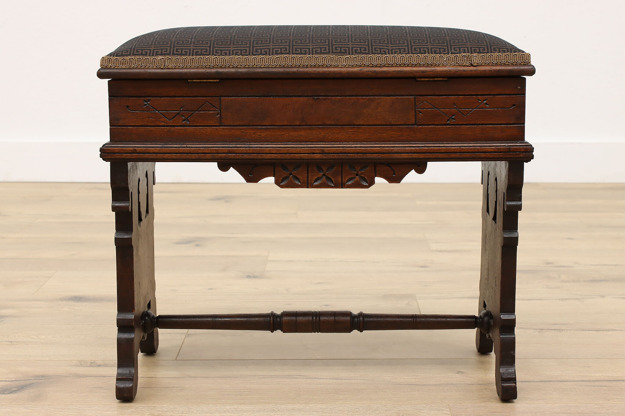 Victorian Eastlake Antique Carved Walnut & Burl Slipper Bench Footstool