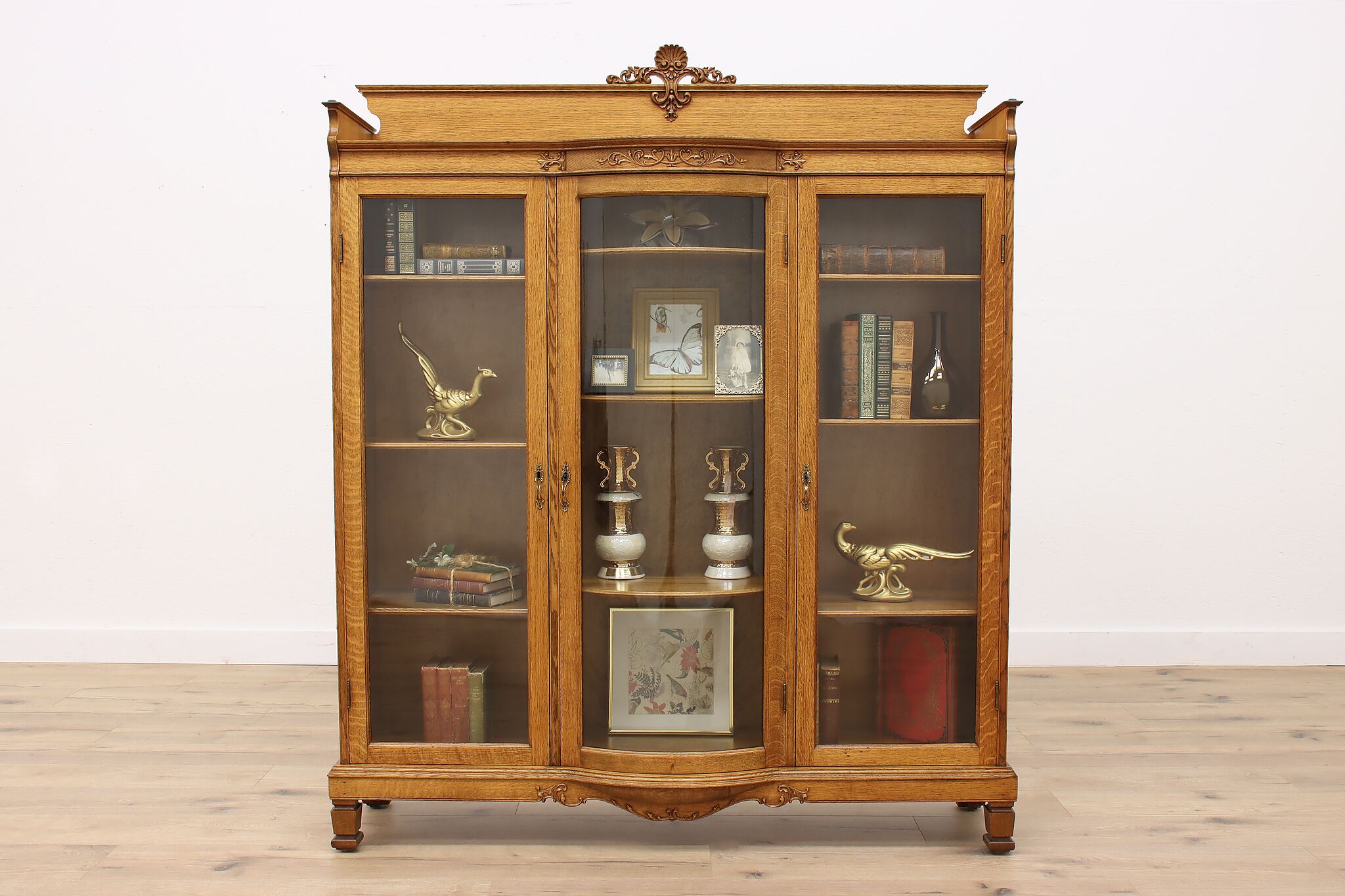 Library Display Bookcase Victorian Antique 1900 Oak Curved Glass Triple Library Bookcase, Display