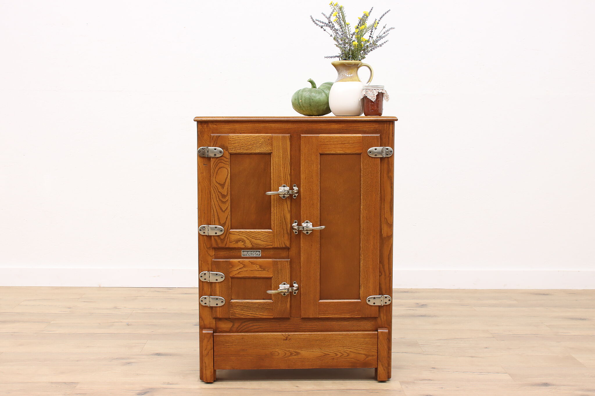 Farmhouse Antique Oak Ice Box Refrigerator Kitchen Pantry Cupboard Hudson