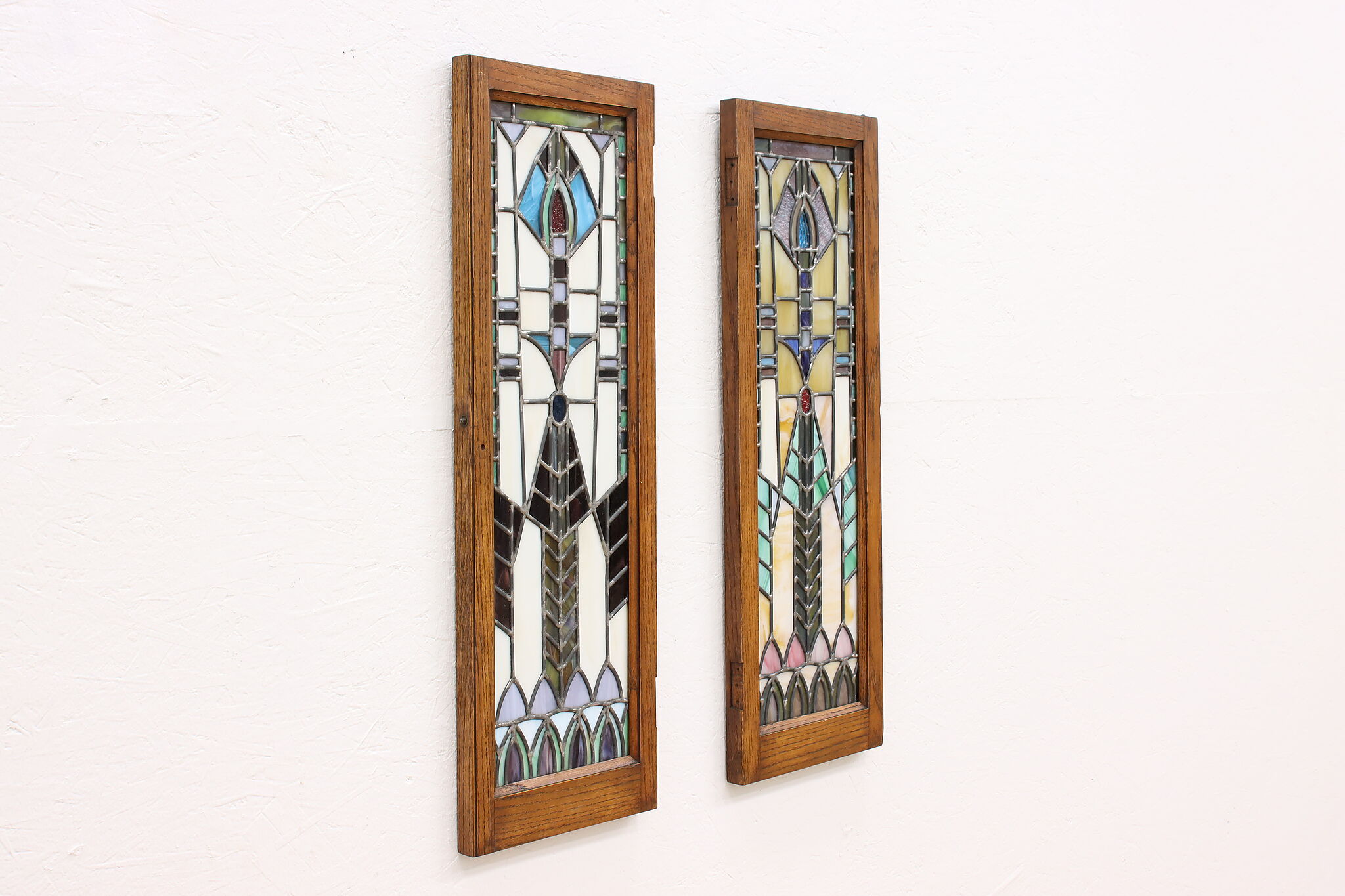 Pair Arts & Crafts Antique Salvage Leaded Stained Glass Windows or 