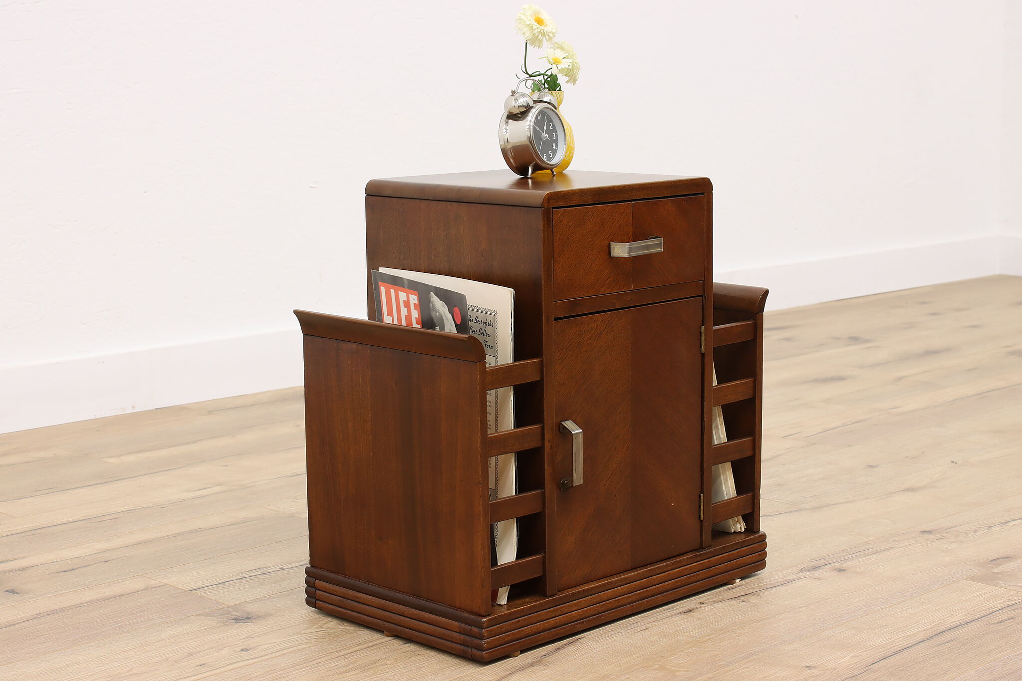 Art Deco Vintage Walnut Chairside Table Humidor & Magazine Rack